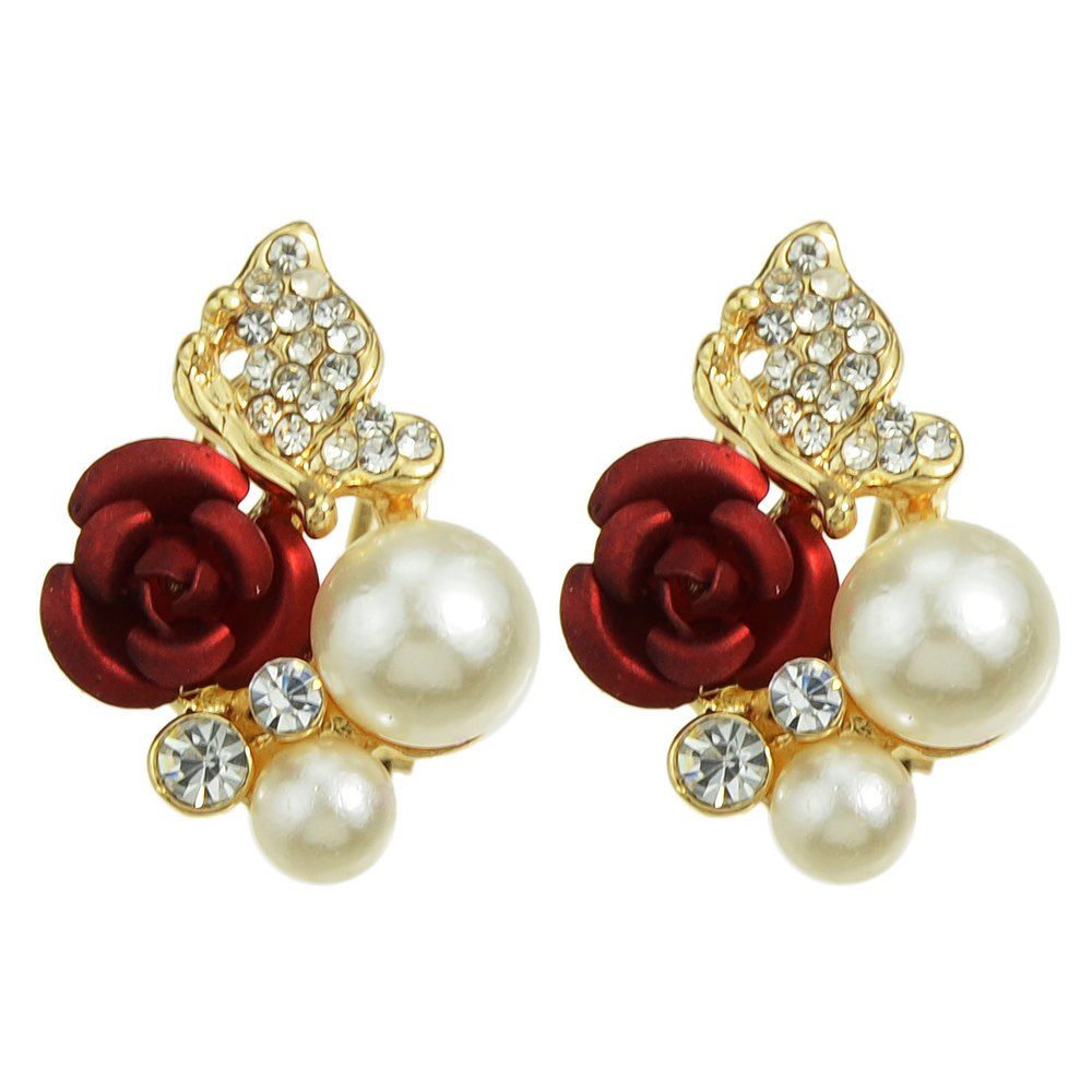 

Rhinestone Simulated-pearl and Flower Shape Flower Earrings, Gold