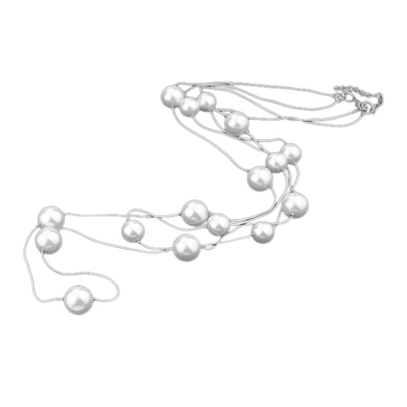 

Multi-layer Long Simulated-pearl Necklace, Silver