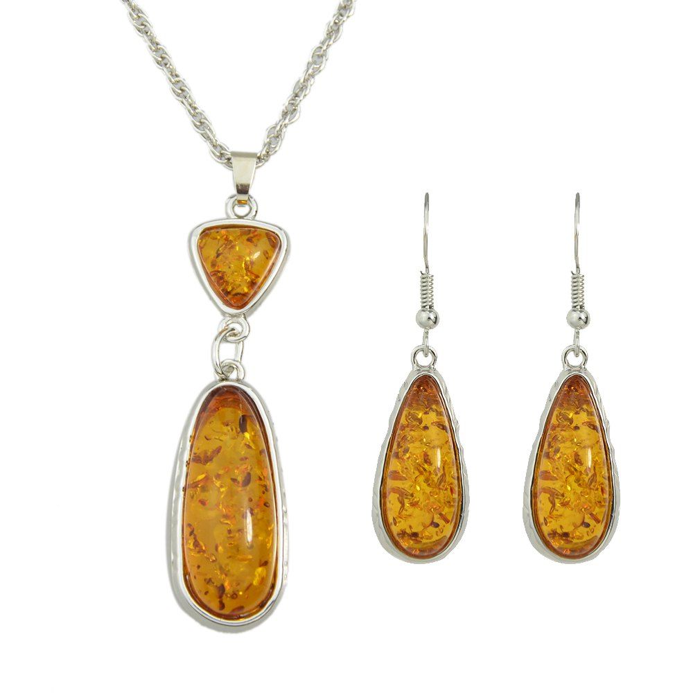 

Resin Water Drop Pendant Necklace and Hanging Earrings, Golden brown