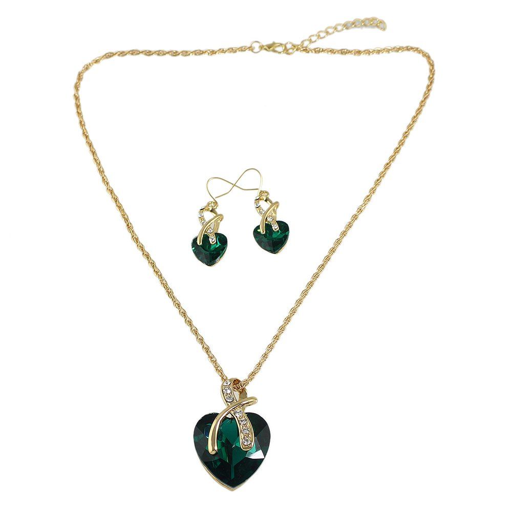 

Colorful Crystal Heart Charm Necklaces and Heart Dangle Earrings, Deep green