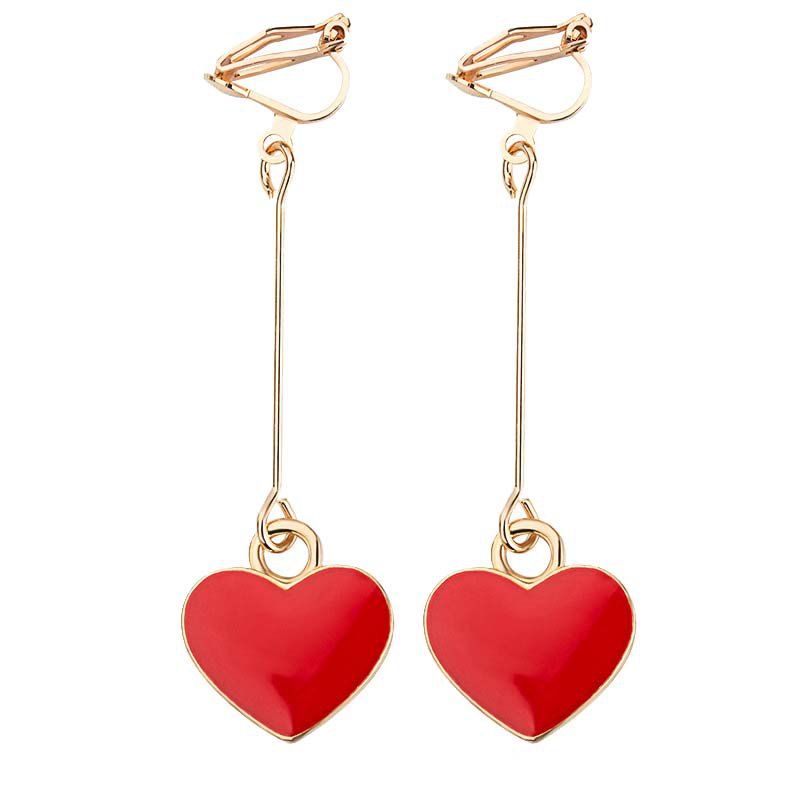 

Girl'S Simple Heart Dripping Oil Long Earless Earrings, Red