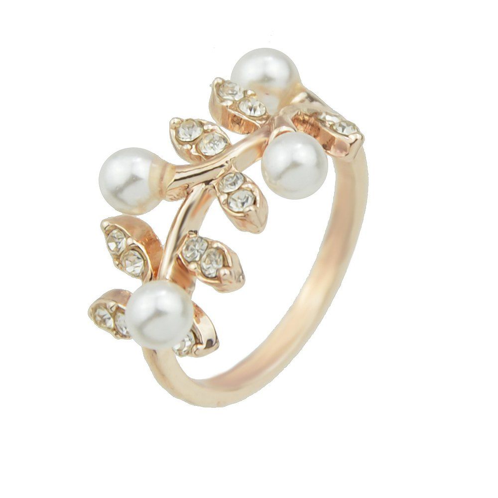 

Simulated-pearl Rhinestone Flower Finger Rings, Gold