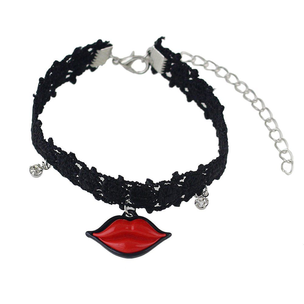 

Gothic Style Black Tattoos Lace Anklets with Rhinestone Lip