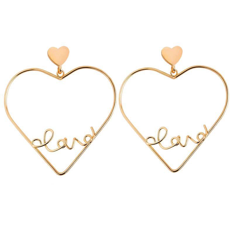 

Sweet Lovely Hollow Out Peach Heart Letters Exaggerated Earrings, Gold