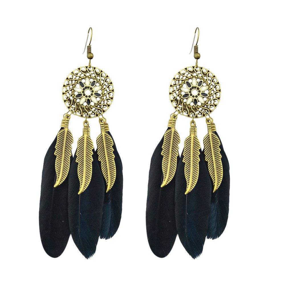 

Long Dangle Colorful Feather Earrings for Women, Black