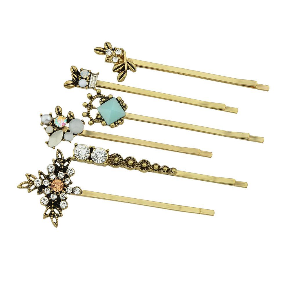 

6pcs Colorful Rhinestone Leaf Geometric Barrettes, Gold