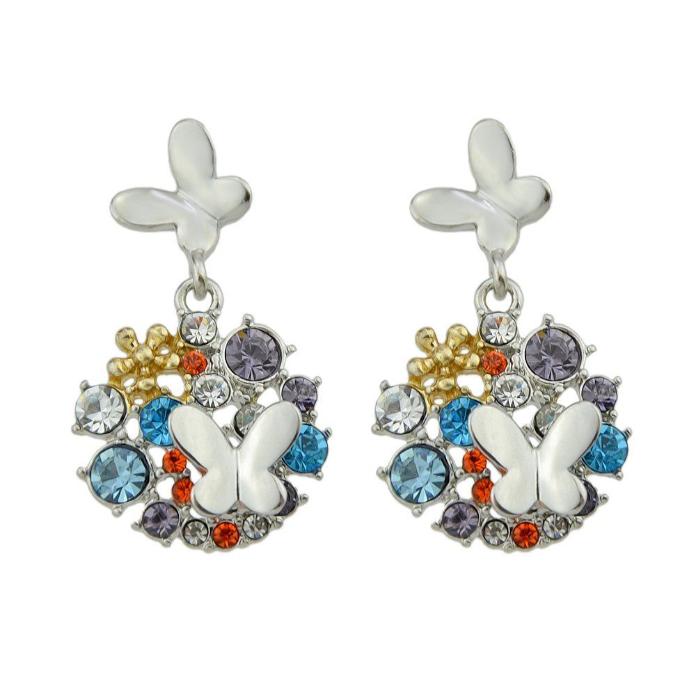 

Colorful Rhinestone Butterfly Flower Earrings, Silver