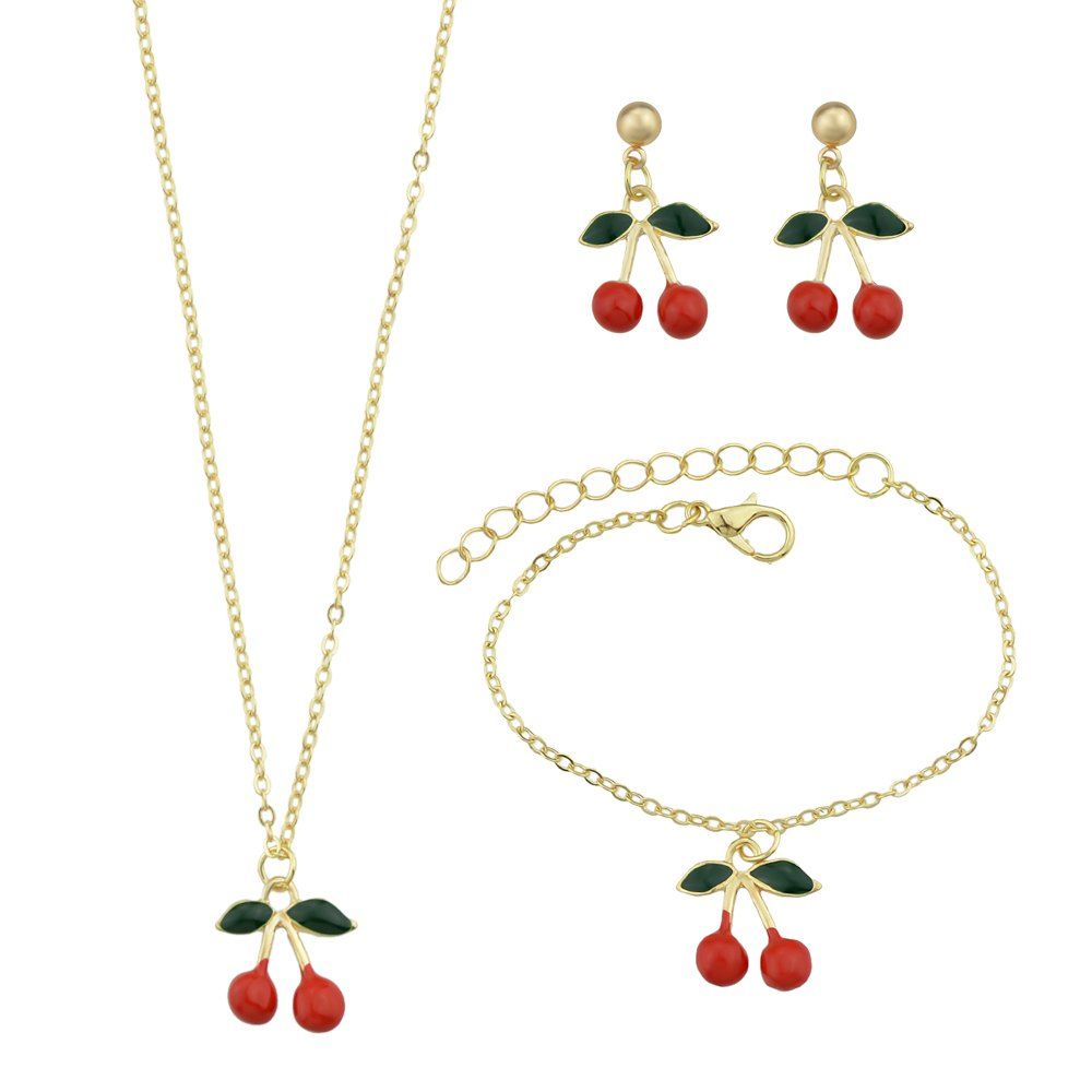 

Gold-color with Cherry Drop Earrings Pendant Necklace Charm Bracelets