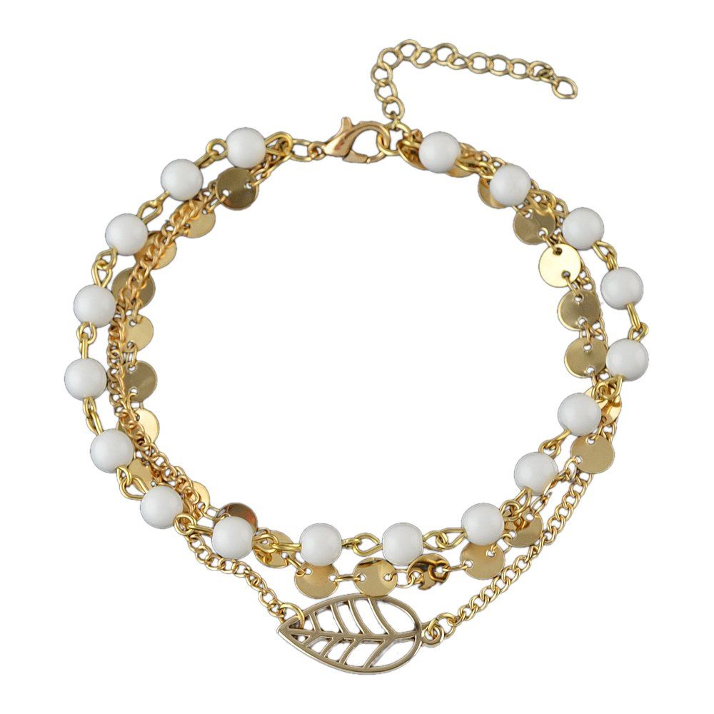 

Gold-color Silver Color Chain Bead Anklets with Leaf