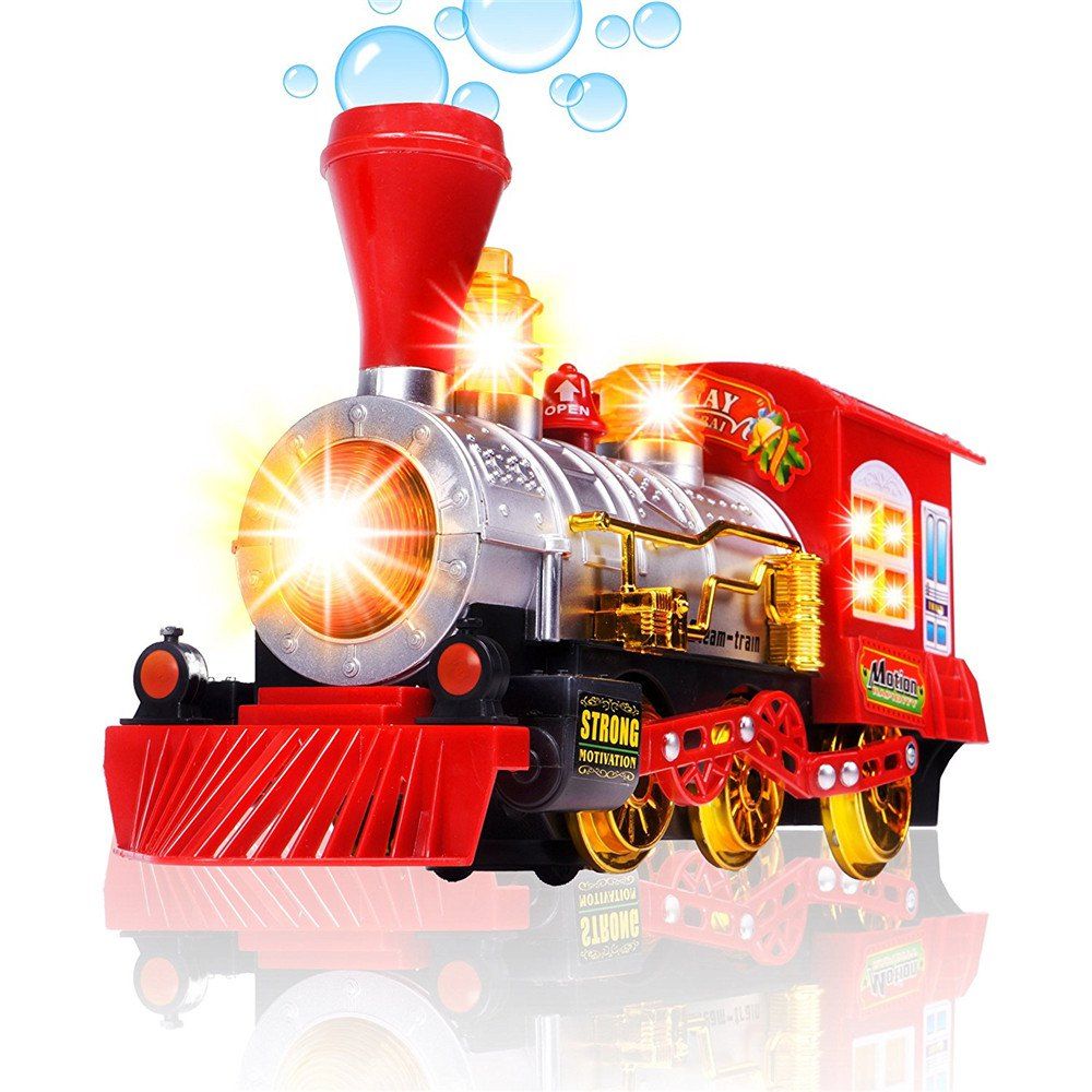 

Steam Train Blowing Bubble Machine Music Light Battery Operated Liquid Kids Toy, Red