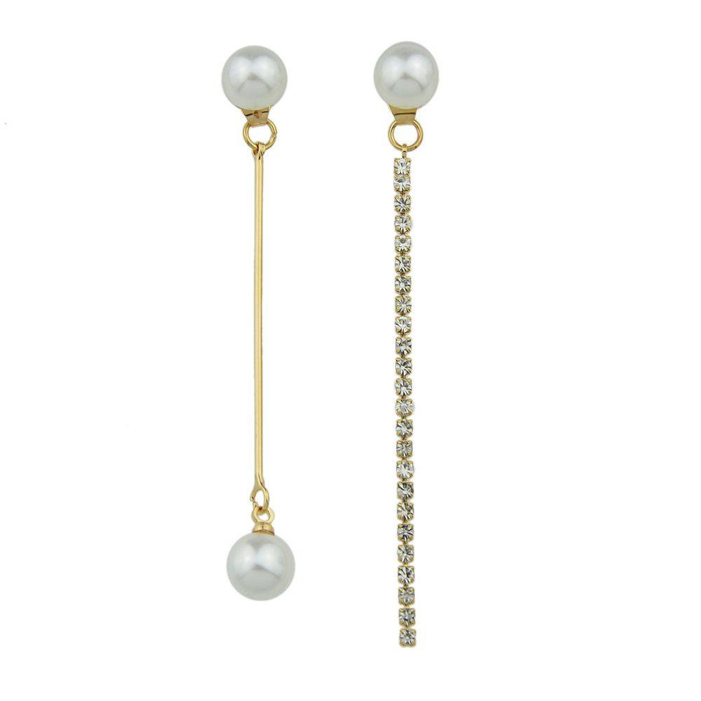 

Long Chain Rhinestone Simulated-pearl Asymmetrical Drop Earrings, Gold