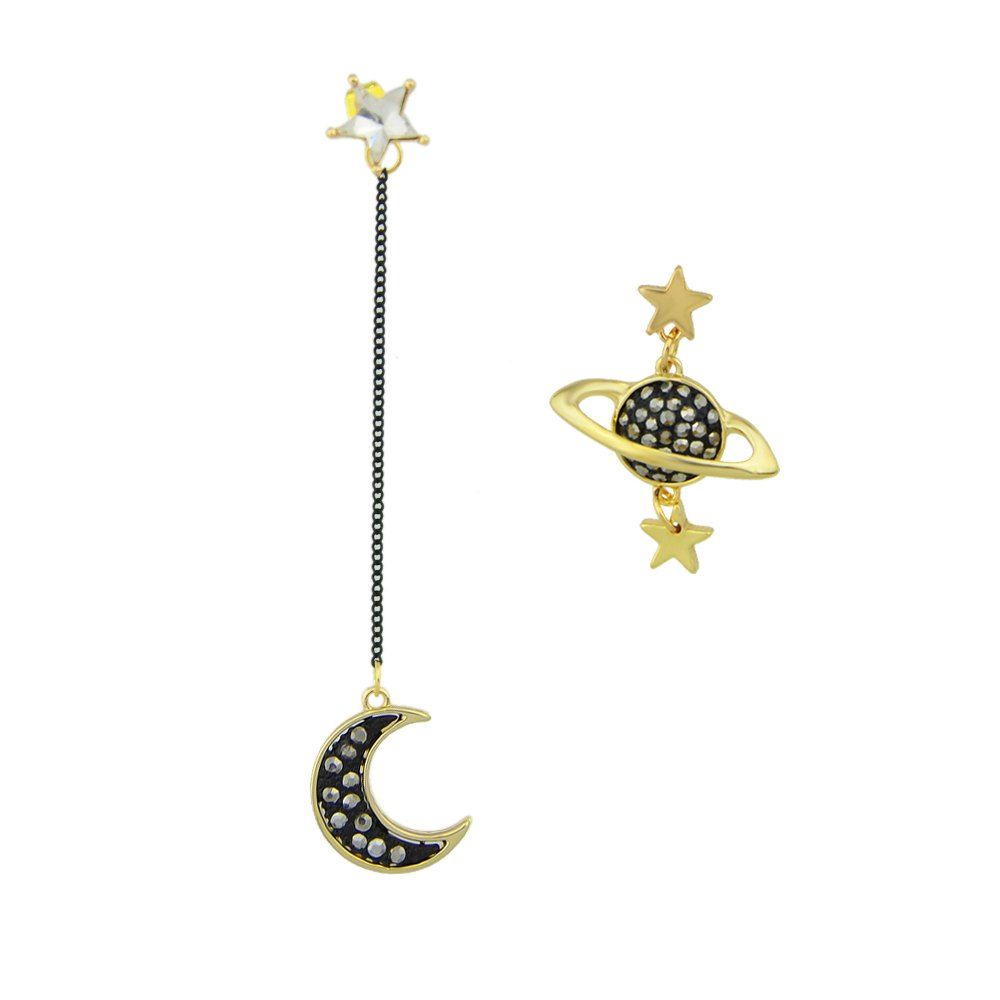 

Cute Rhinestone Star Planet Shape Hanging Chain Drop Earrings, Gold