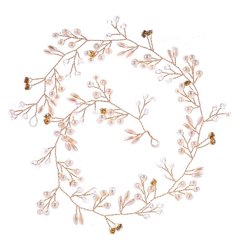 

Bride Accessories Handmade Pearl Hair Ribbon Iron Wire, Golden brown