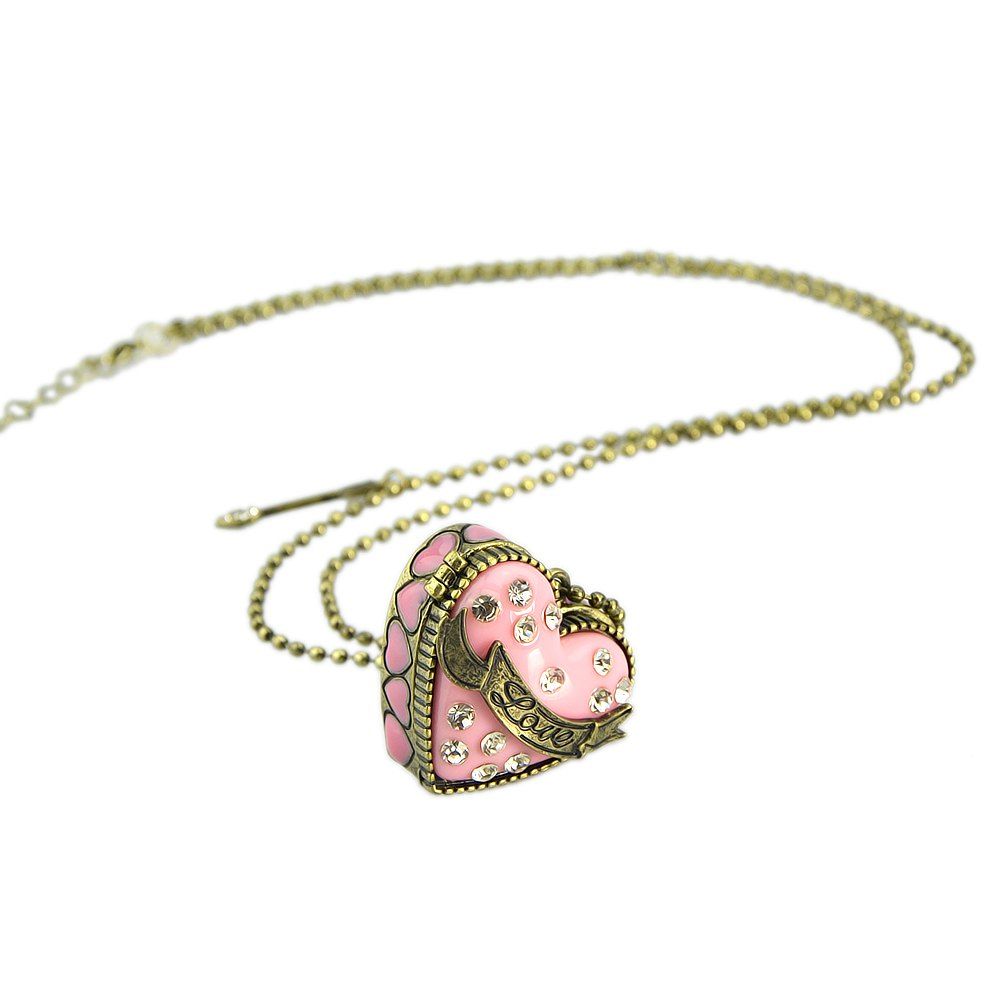 

Enamel Openable Box Rhinestone Heart Pendants Necklace, Light pink