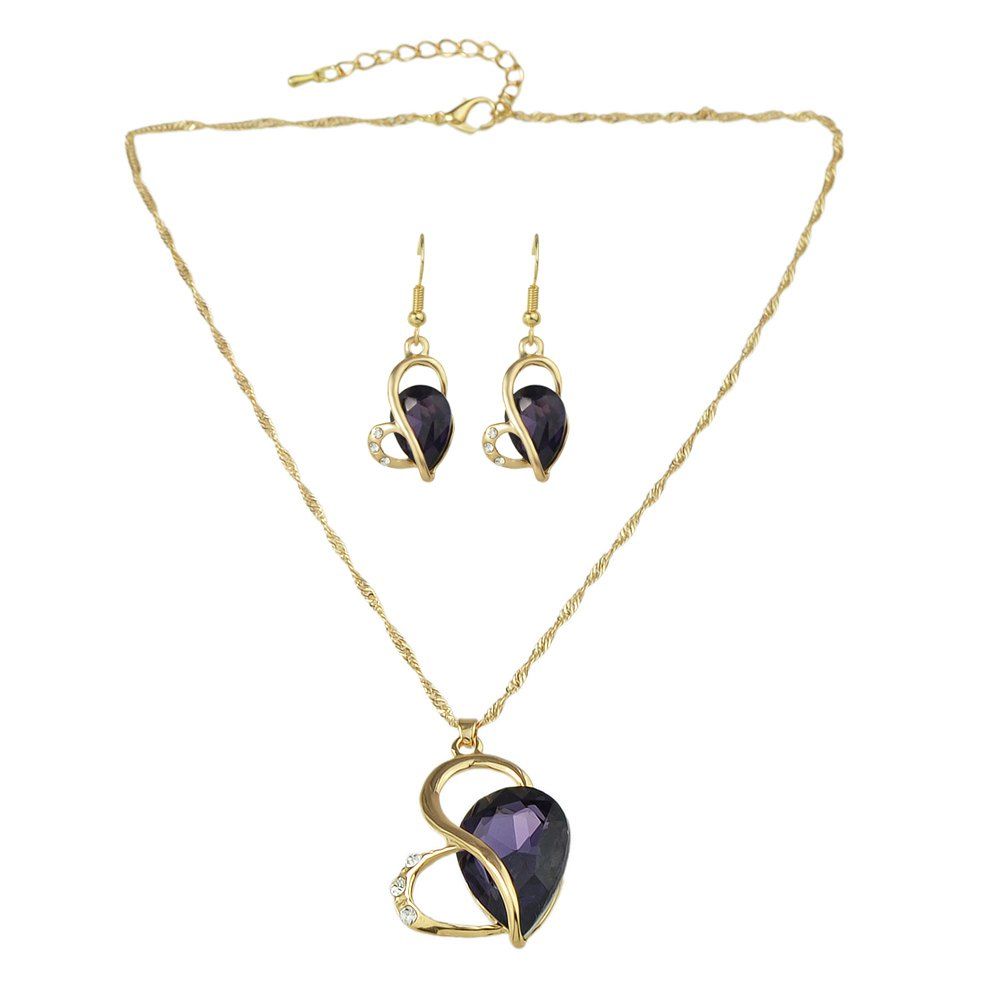 

Colorful Crystal Heart Pendant Necklace and Drop Earrings, Plum purple