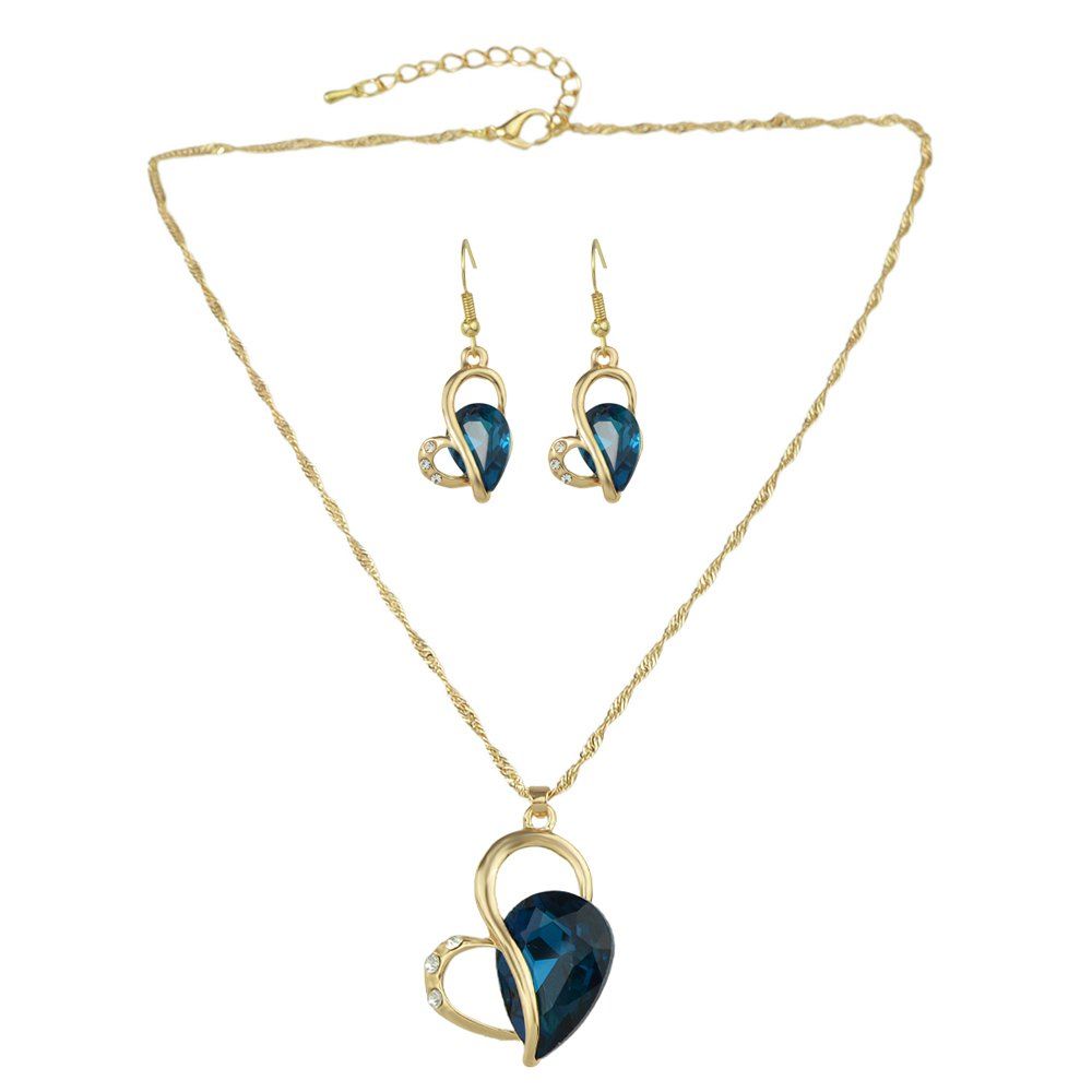 

Colorful Crystal Heart Pendant Necklace and Drop Earrings, Peacock blue