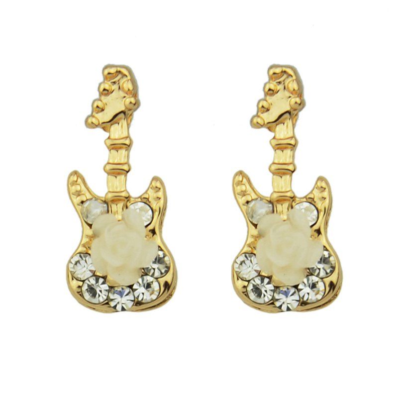 

Enamel Rhinestone Resin Flower Guitar Earrings, Gold