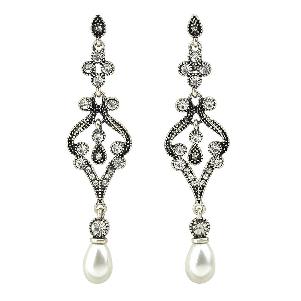 

Ethnic Style Rhinestone and Simulated-pearl Chandelier Earrings, Silver