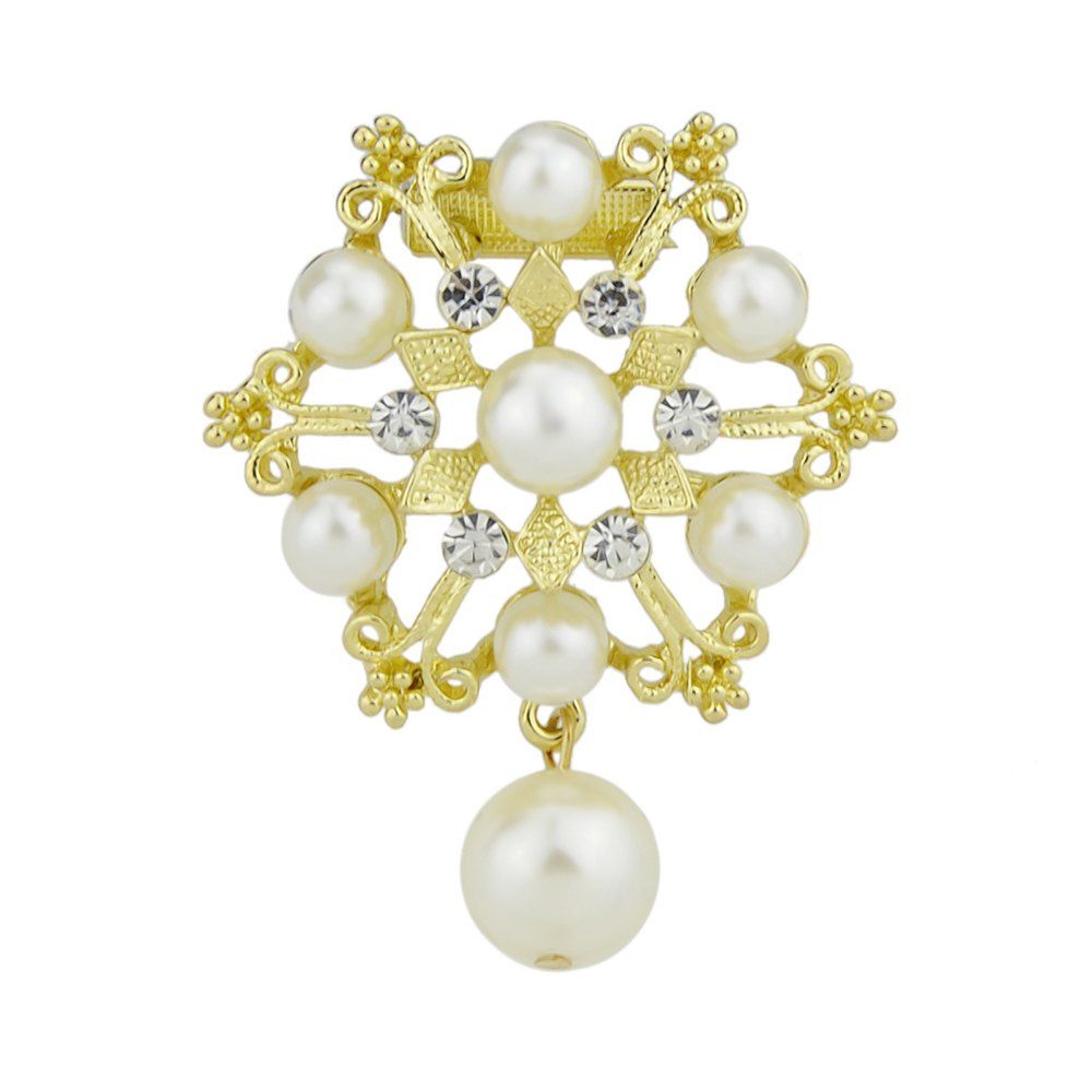 

Luxury Jewelry Imitation-pearl and Rhinestone Snowflake Brooch, Gold