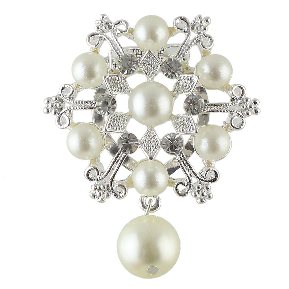 

Luxury Jewelry Imitation-pearl and Rhinestone Snowflake Brooch, Silver