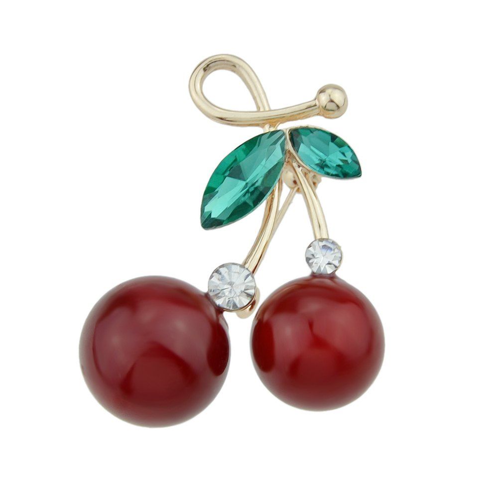 

Red Cherry Brooches with Green Crystal for Lady and Girl, Multi