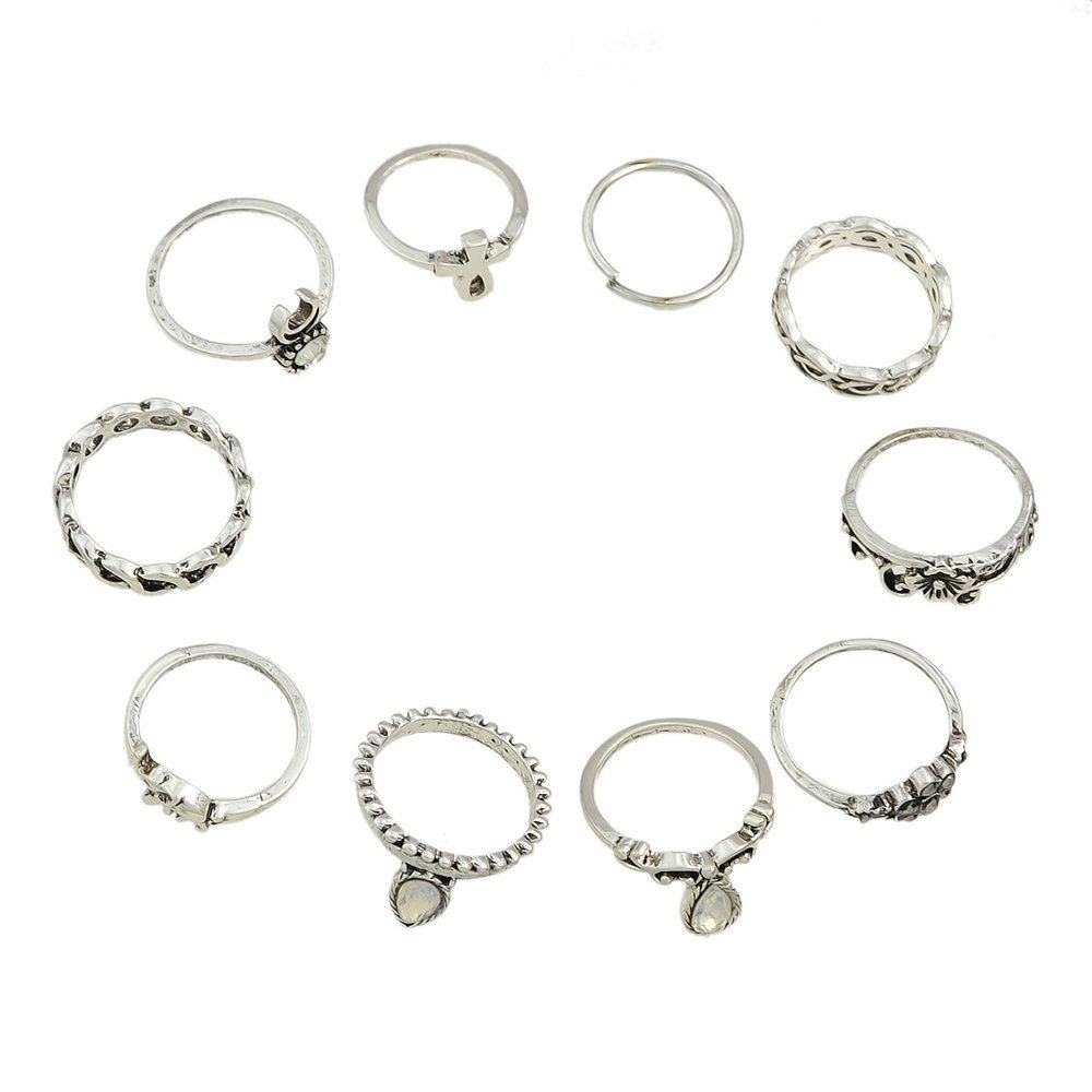 

10pcs Vintage Turkish Elephant Flower Water Drop Knuckle Ring, Silver