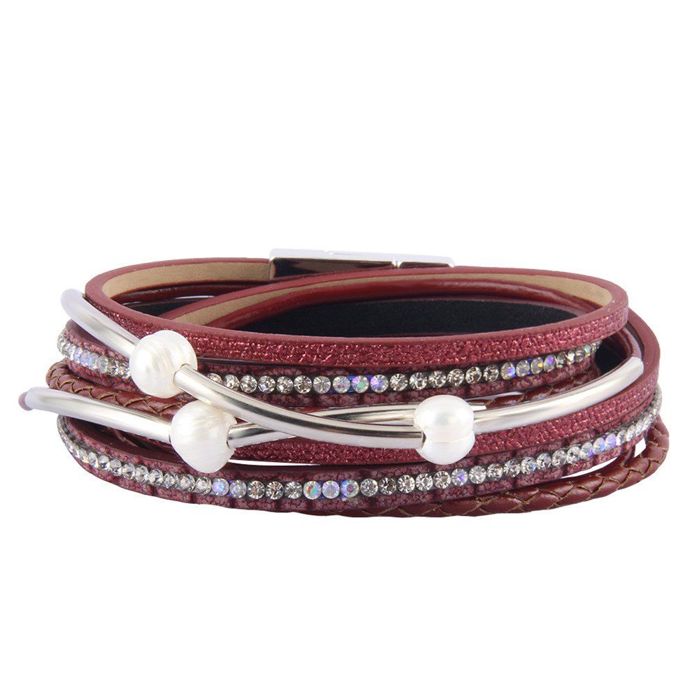 

Fashion Ornament Personality Multi-layer Cowhide Copper Tube Pearl Bracelet, Red