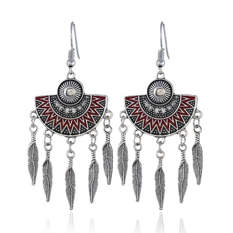 

Personality Retro Fashion Half Leaf Earrings, Bean red