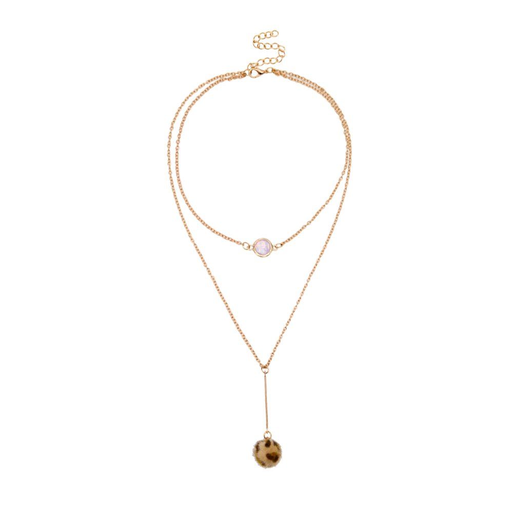 

Simple Double Owl Clavicle Chain Plus Hair Ball Necklace, Leopard