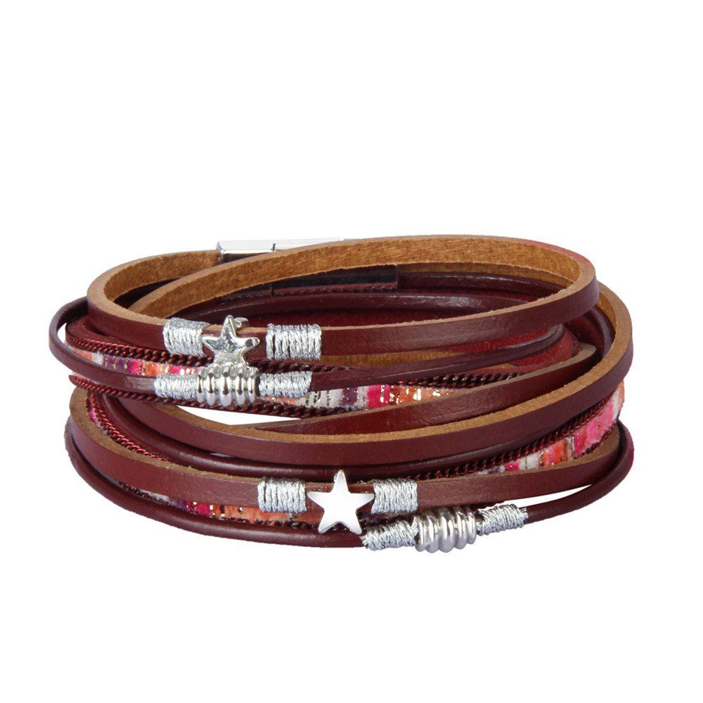 

Fashion Jewelry Multi-Level Leather Handmade Rope Around Pentagram Bracelet, Red