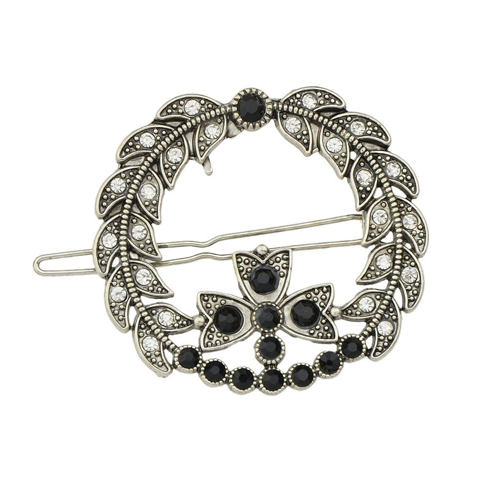 

Rhinestone Black Bead Leaf Round Hairgrip, Silver