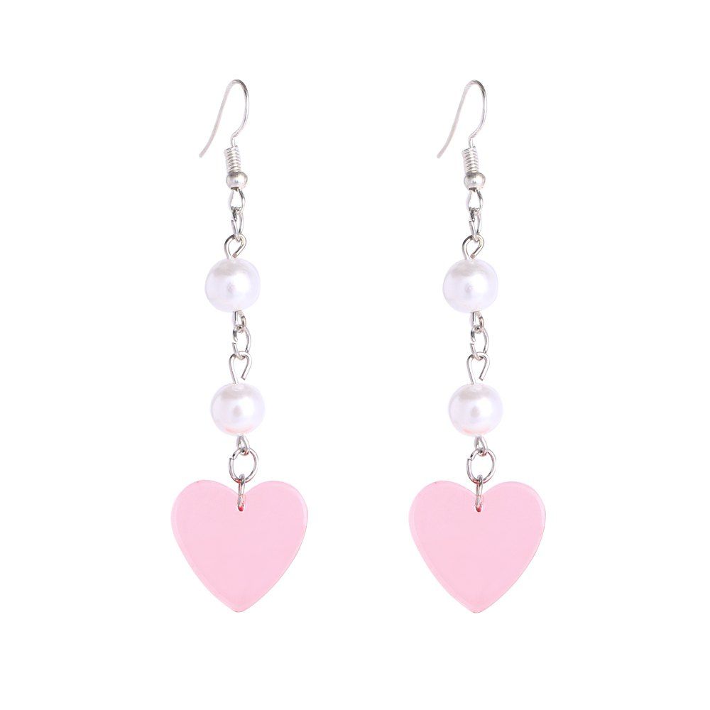 

Silver Hook Chain Pink Heart Earrings