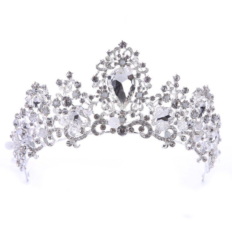 

Bride Accessory Silver Hand Drill Crown Headband, White