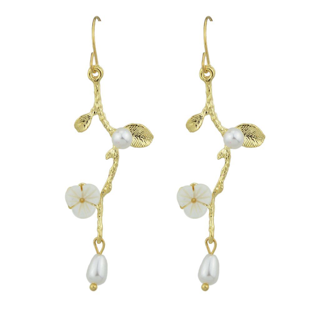 

Simulated-pearl Resin Flower Branch Shape Drop Earrings, Gold