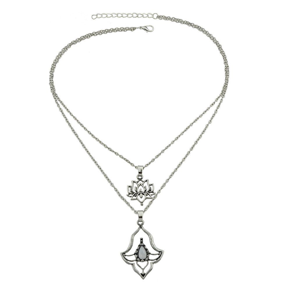 

Multi Layer Chain Necklace with White Stone Flower Shape, Silver