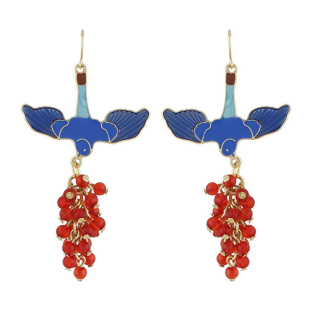 

Lovely Blue Enamel Red Bead Swallow Bird Earrings, Multi