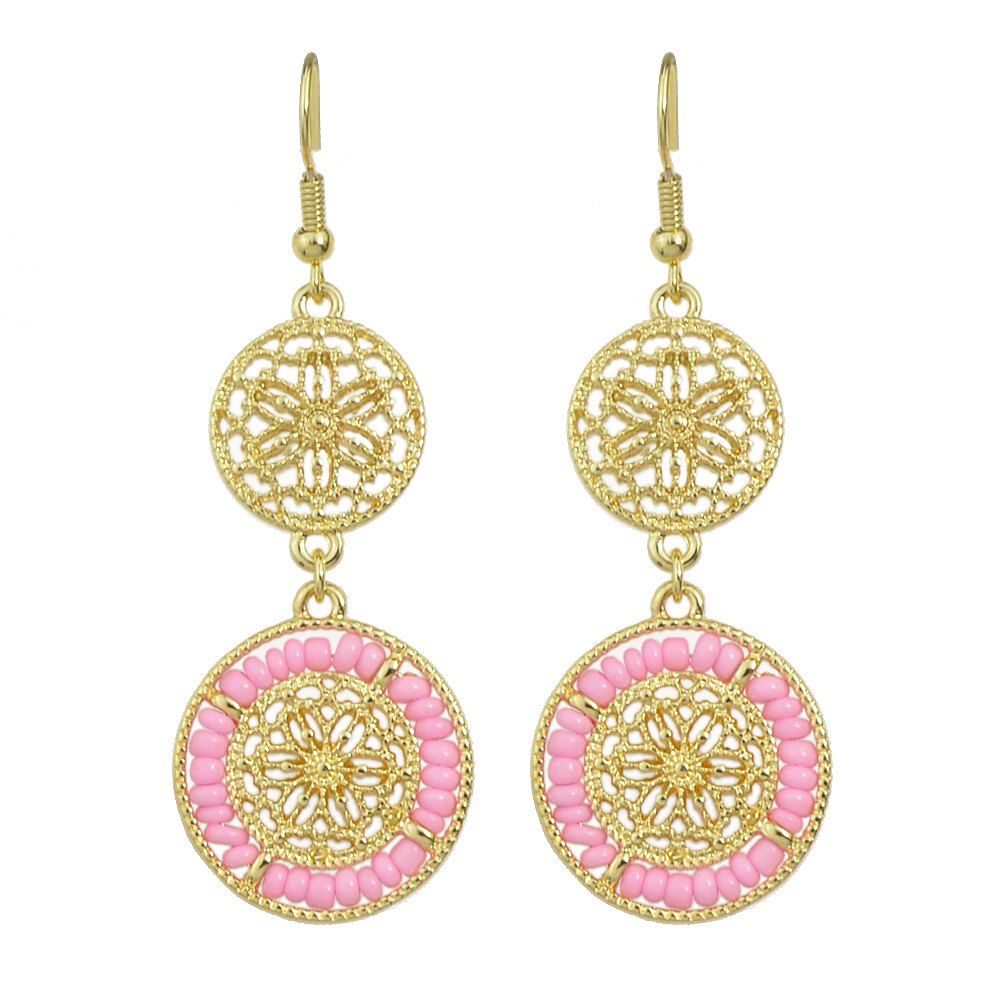 

Hollow-out Flower Colorful Bead Dangle Hanging Earrings, Pink