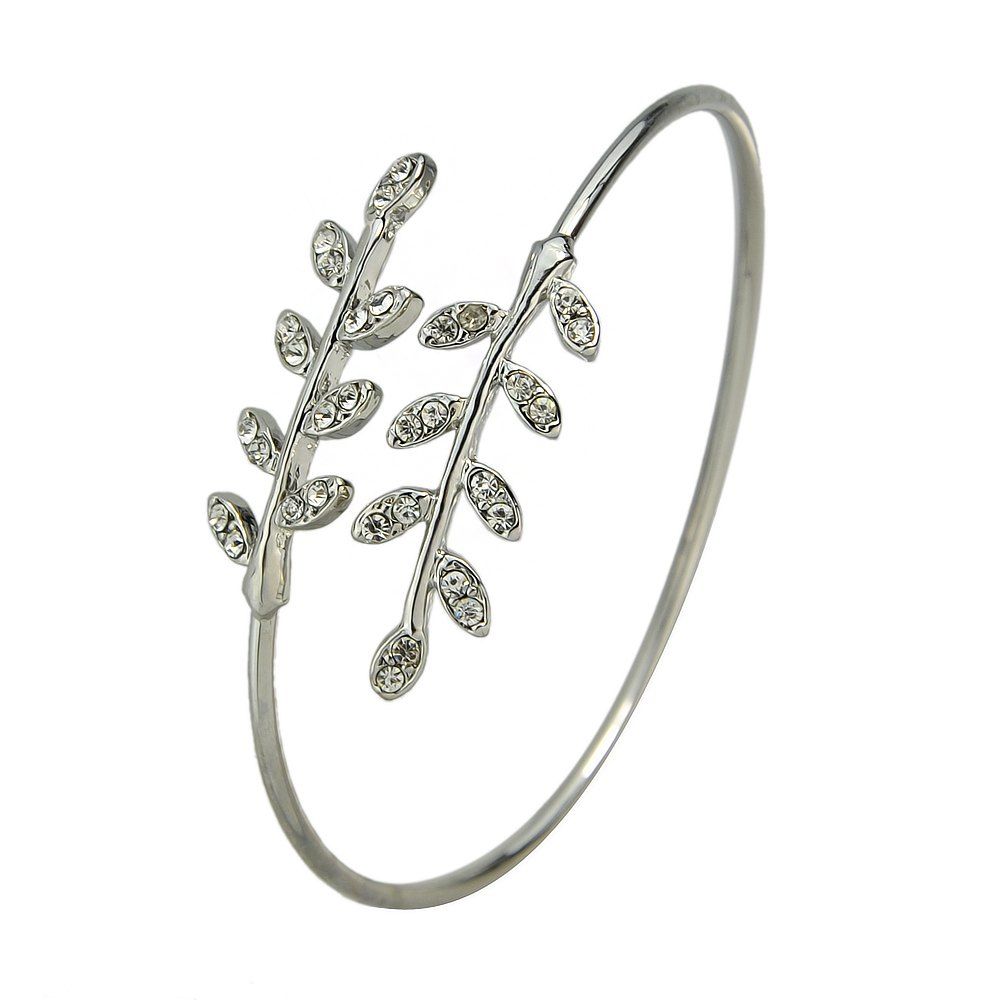 

Wedding Party Jewelry Rhinestone Leaf Open Cuff Bracelet, Silver