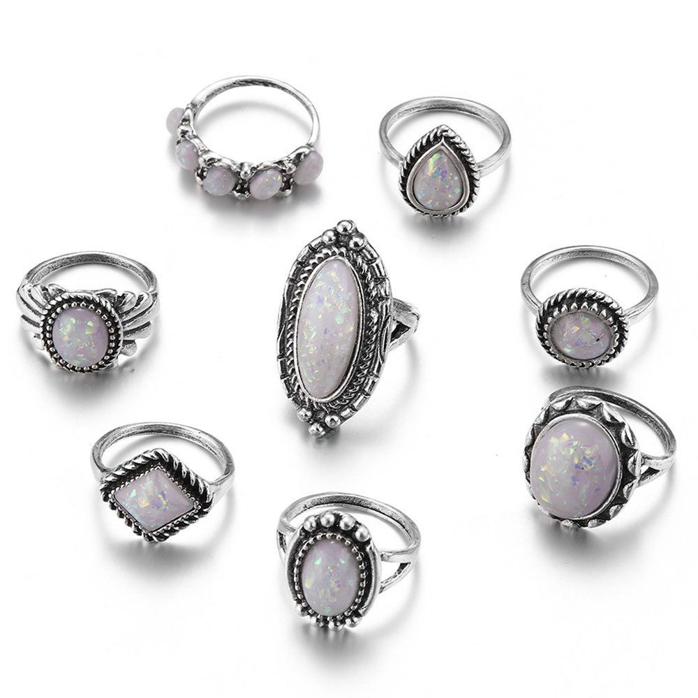 

8PCS/SET Silver Plating Natural Gemstone Fire Opal Diamond Rings