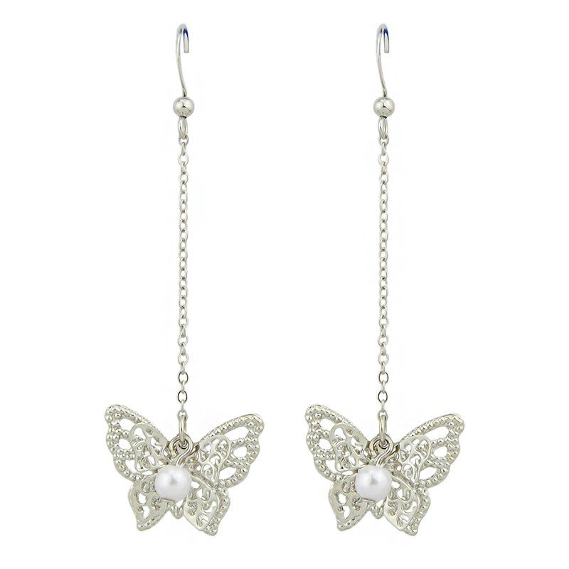 

Long Chain with Bead Butterfly Shape Dangle Earrings, Silver