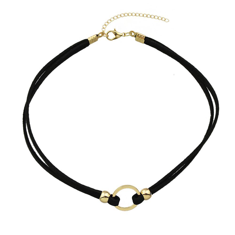 

Black Leather Chain Necklace Women with Circle Decoration, Gold