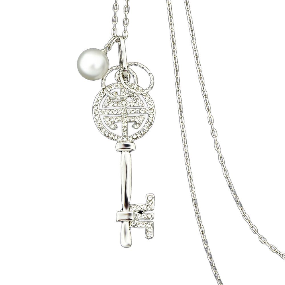 

Simulated-pearl Rhinestone Key Pendant Female Necklace, Silver