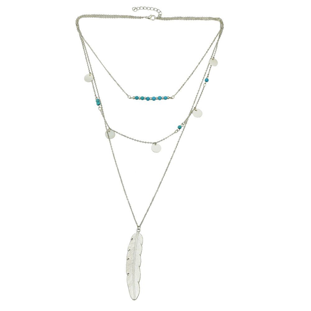 

Multi-layer Link Chain Bead Feather Shape Pendant Necklaces, Silver
