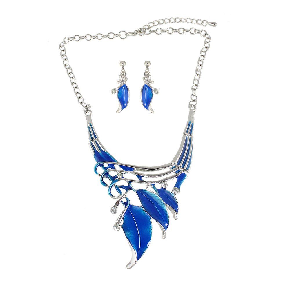 

Enamel Leaf Colar Vintage Neckalce and Earrings, Ocean blue