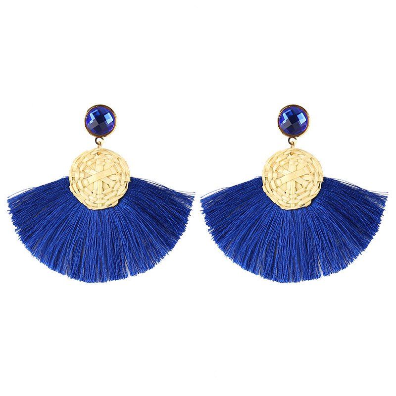 

Fashion Rope Crafts Straw Braid Vintage Earring Geometry Statement Fringes, Cobalt blue