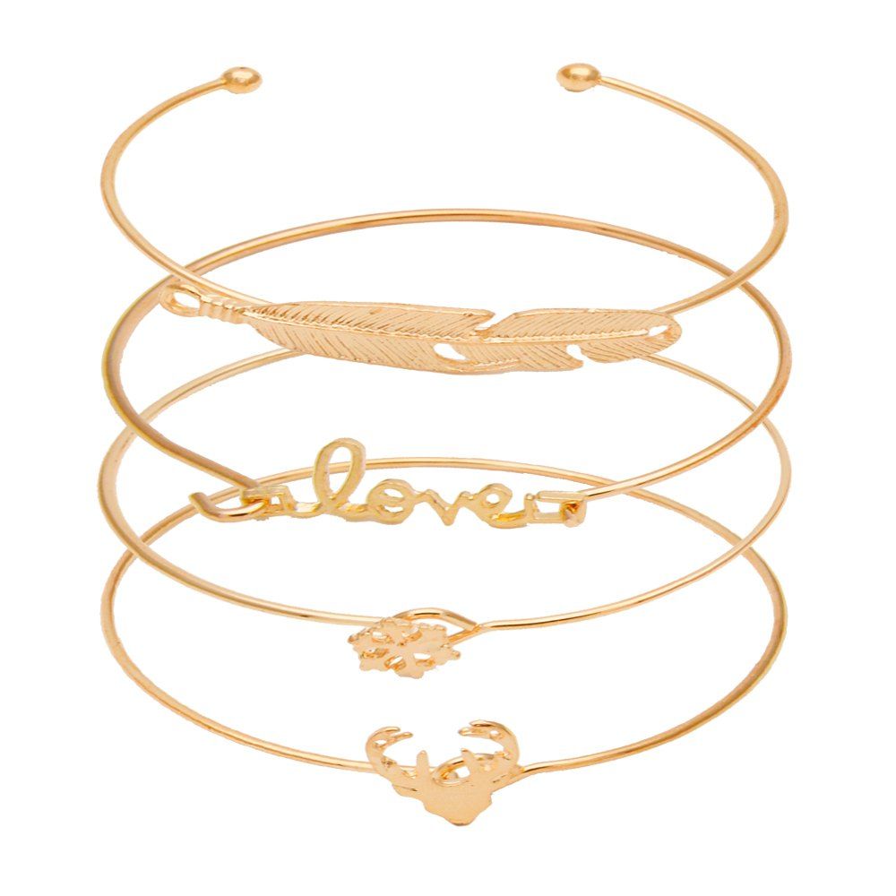 

Fashion Feather Snowflake Deer Love Four Layer Bracelet Set, Gold