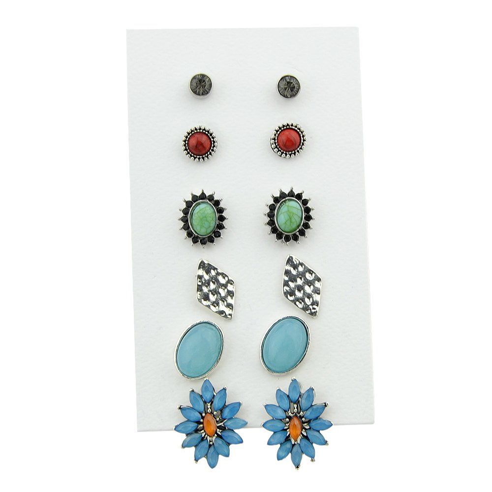 

6 Pair of Vintage Rhinestone Geometry Flower Shape Small Earrings, Silver