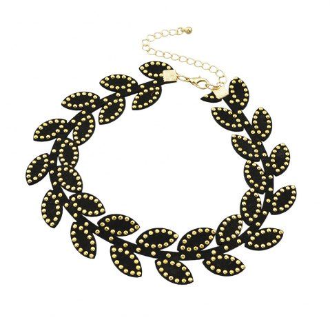 black rope chain with gold-color beads leaf necklace