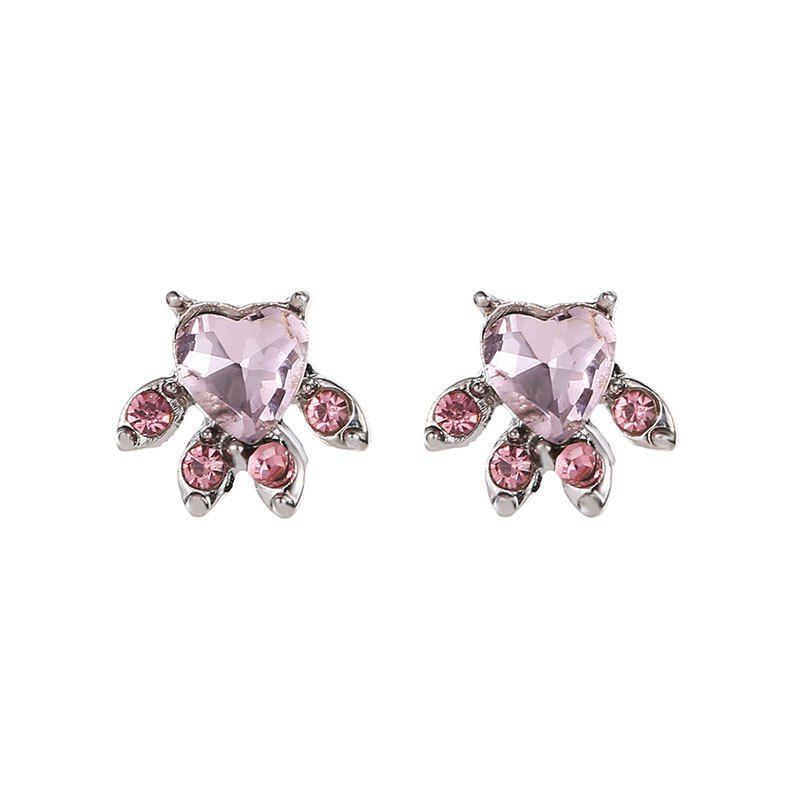 

Fashion Cartoon Cute Animals Footprints Cat Claws Pink Crystal Zircon Earrings, Silver