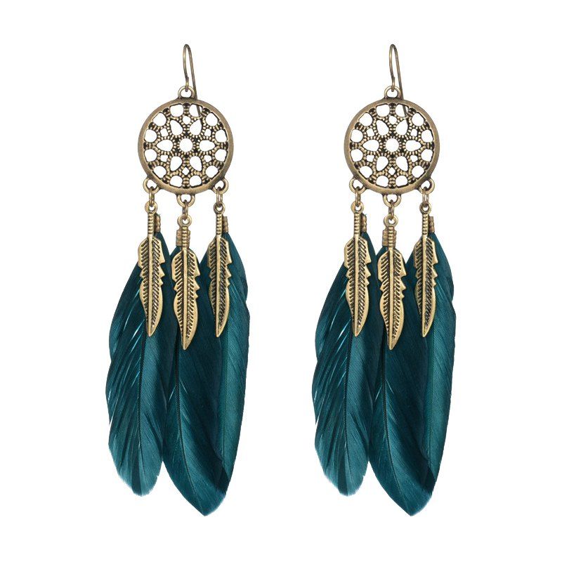 

Fashionable Blue Feather Leaf Mesh Bronze Color Earrings, Blue ivy